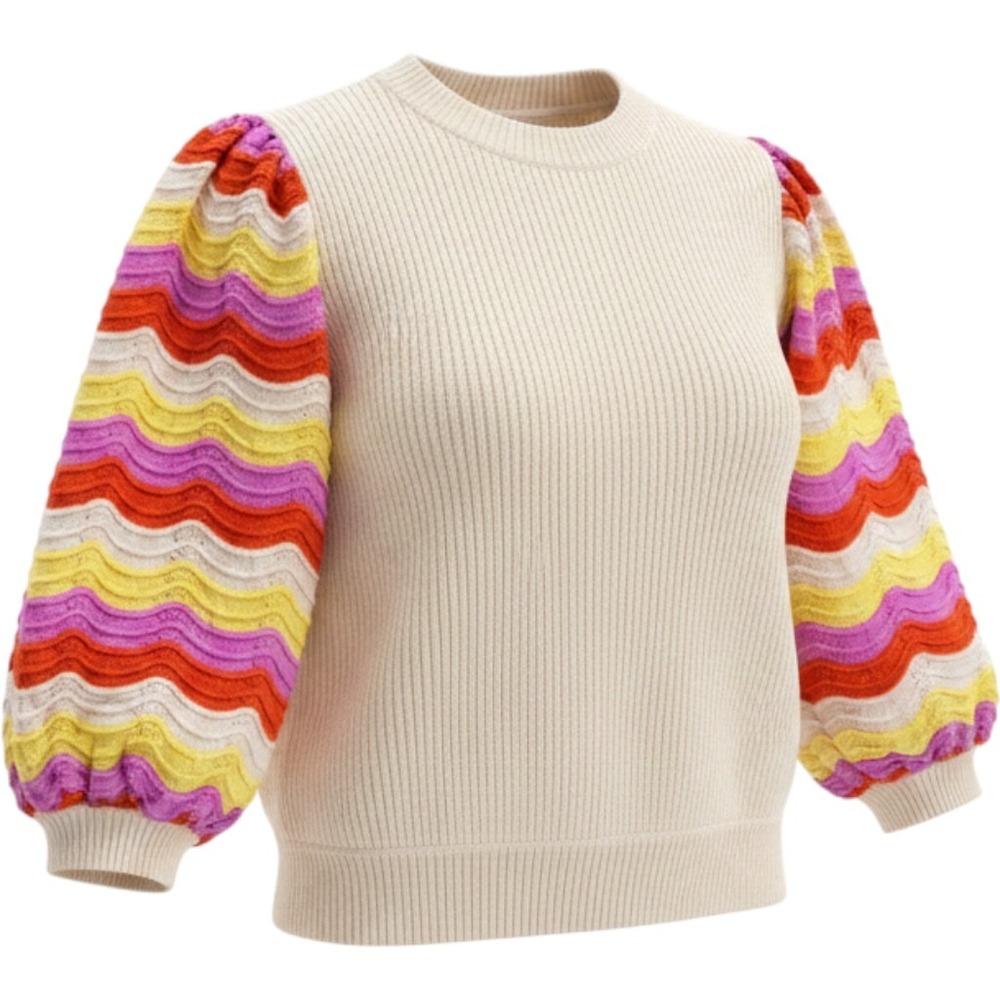 THML Puff Sleeve Sweater Colorful Size S Cream Rainbow Chevron Boho Whimsical